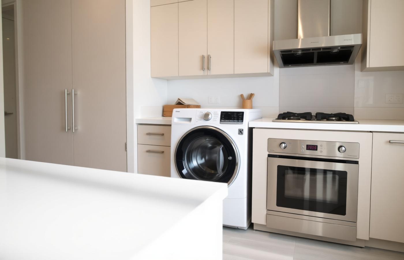 Home laundry and kitchen area with a washer, dryer, and oven range