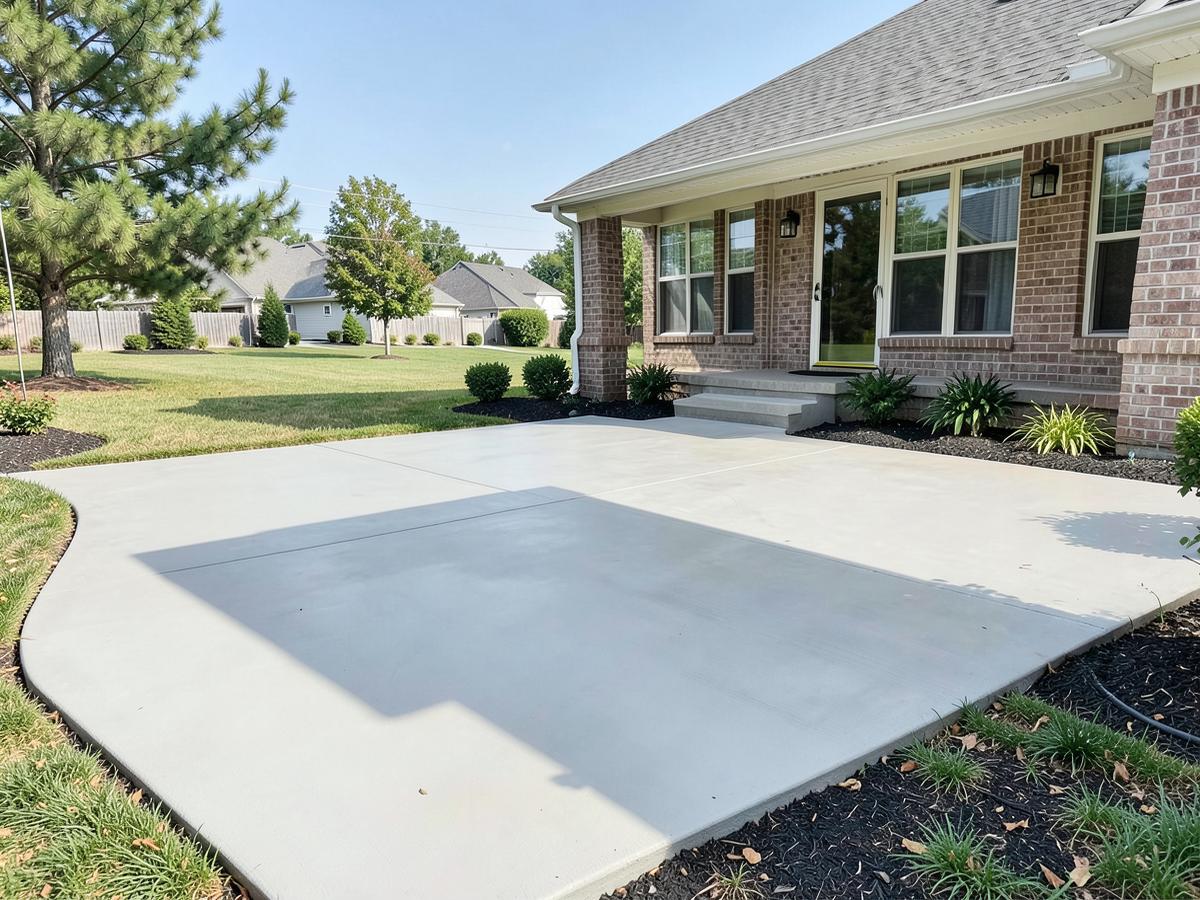Newly poured concrete patio and driveway at a residential home