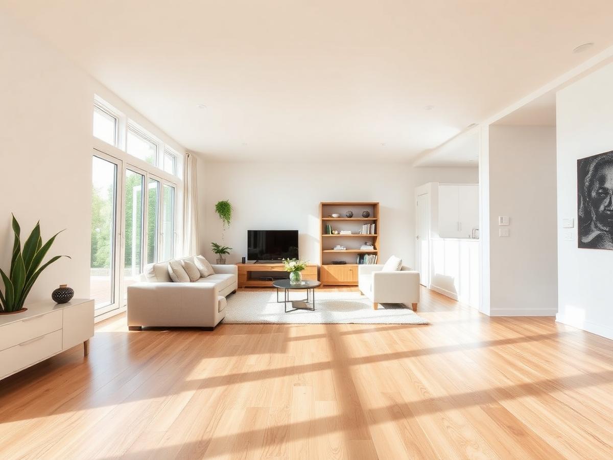 Sunlit residential living room with newly installed hardwood flooring