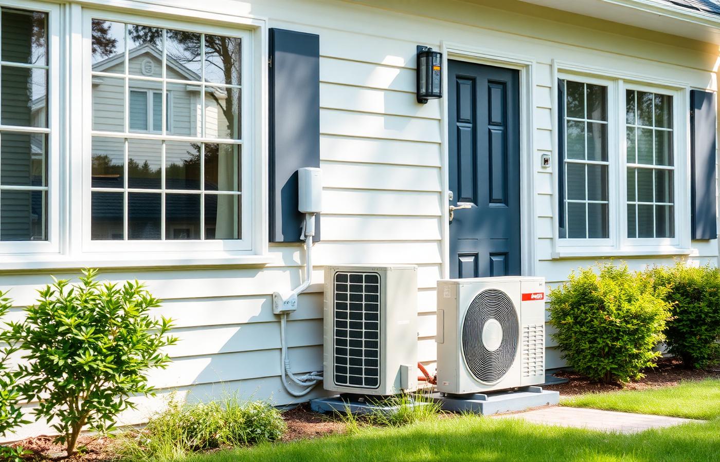 Residential home exterior with an outdoor air conditioning condenser unit