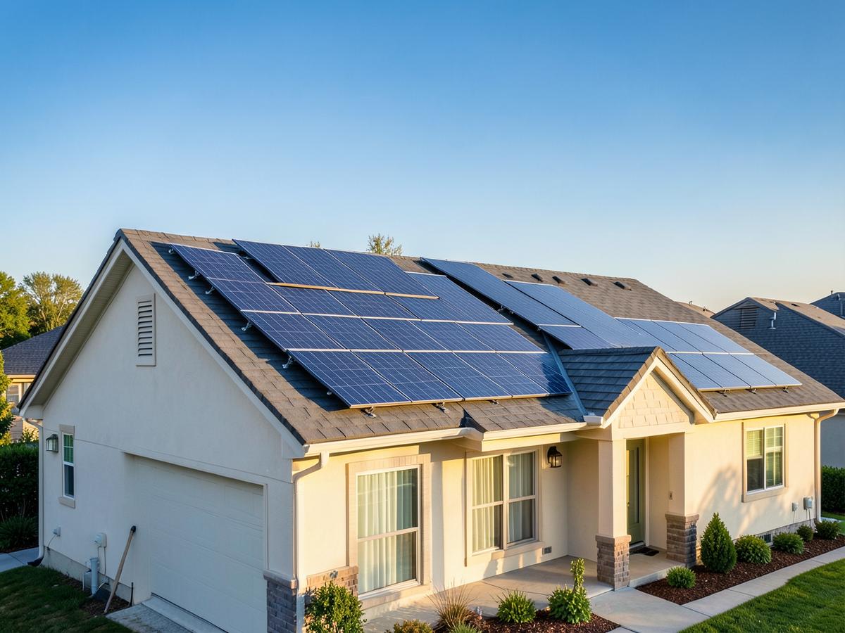 Single-family suburban home with solar panels installed on the roof